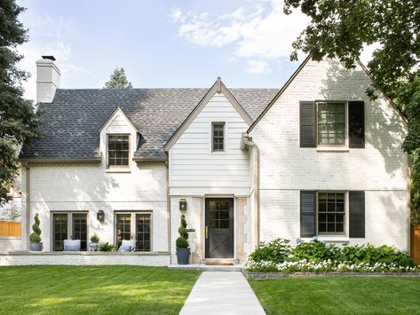 Tudor House Exterior, Ballet White, Benjamin Moore Exterior, Bronze Fixtures, Tudor Style Homes, Roof Colors, Tudor House, Tudor Style, White Brick