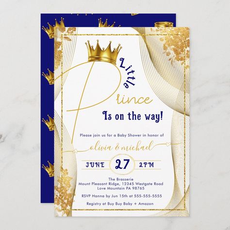 Gold Crown Royal Blue Prince Boy Baby Shower Invitation Prince Baby Shower Ideas, Royal Prince Baby Shower Theme, Royal Baby Shower Boy, Royalty Baby Shower, Prince Theme, Baby Shower Favors Diy, First Communion Decorations, Communion Decorations, Royal Baby Showers