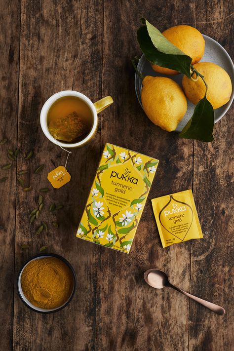 A combination of organic turmeric, lemon, whole leaf green tea and cardamom. Allowing yourself a 30 minute break with this golden blend will leave you feeling completely refreshed and renewed 💛 Visit our website to shop this blend Drinking Tea Photography, Organic Food Photography, Lemon Still Life, Photography Tea, Gold Tea, Food Photoshoot, Organic Herbal Tea, Tea Party Theme, Turmeric Tea