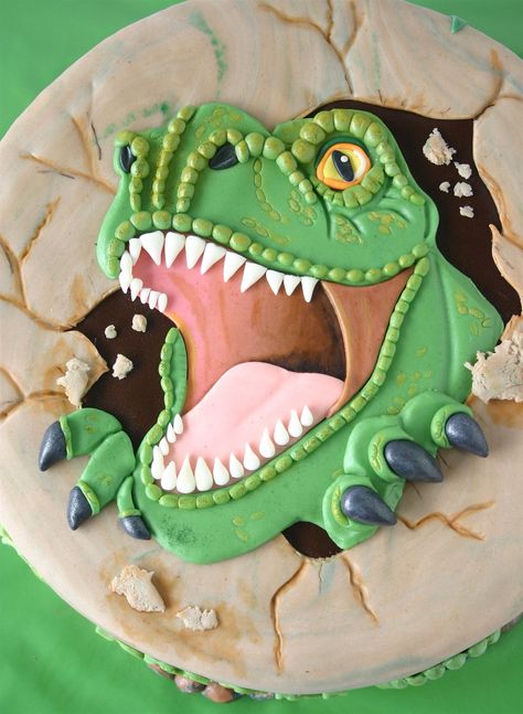 Really Gruesome Dino! The boy is only 4 years old...A real fan of dinosaurs! T Rex Cake, Dino Cake, Dinosaur Birthday Cakes, Dinosaur Cookies, Cake Templates, Dinosaur Cake, Dino Birthday, Childrens Birthday Cakes, Boy Birthday Cake