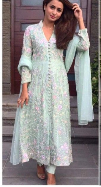 Georgette Churidar Designer Latest, Chikankari Dress Patterns, Coller Neck Suit, Lukhnowi Suits Design, Chikankari Salwar Suit, Lakhnavi Dress, A Line Kurti Designs, A Line Kurti, Trendy Outfits Indian