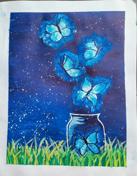 From jar in night Butterflies In A Jar Drawing, Butterfly In Jar, Evil Eye Art, Graffiti Piece, Blue Drawings, Easy Canvas, Easy Canvas Art, Painted Jars, Butterfly Painting