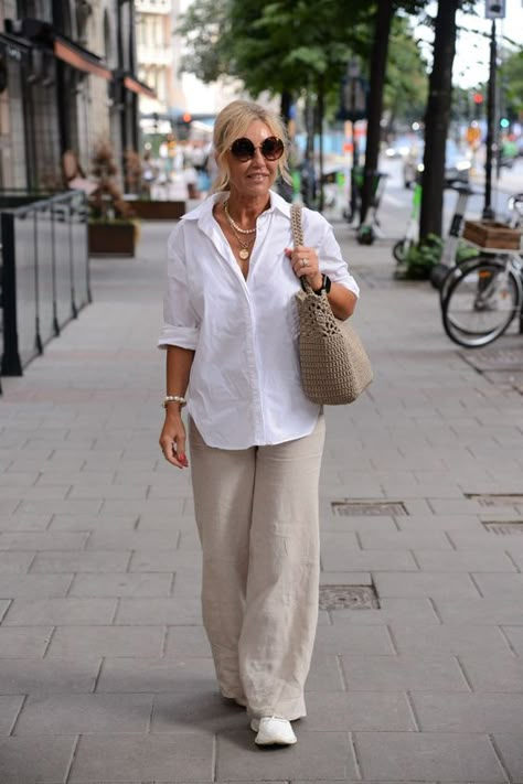 Beige Wide Leg Pants Outfit Plus Size, Mode Over 50, White Outfits For Women, Stylish Outfits For Women, Stylish Outfits For Women Over 50, Outfits For Women Over 50, Shirt Pant Set, Coastal Grandmother, Casual Long Sleeve Shirts