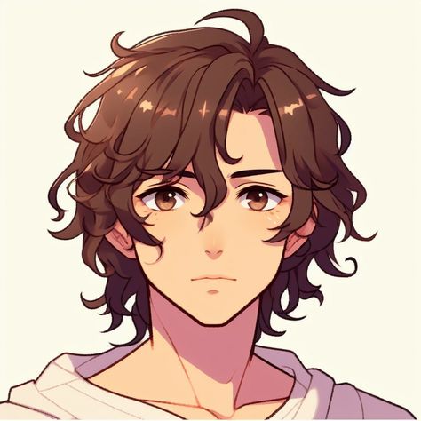 Curly Haired Anime Characters, Dark Brown Hair Drawing, Anime Hairstyles Curly, Male Wavy Hair Drawing, Anime Guy With Curly Hair, Anime Curly Hair Reference, Curly Hair Character Design Male, Shaggy Anime Hair, Guy Head Drawing