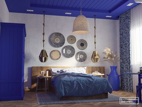 blue santorini style bedroom on Behance Santorini Style Bedroom, Bedroom Greek Style, Greece Inspired Bedroom Decor, Santorini Interior Design Bedroom, Greek Blue Bedroom, Santorini Bedroom Ideas, Greek Interior Design Bedroom, Greek Style Bedroom Interior Design, Greece Style Bedroom