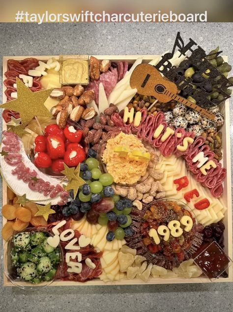 Taylor Swift Cheese Board, Eras Tour Themed Food, Eras Tour Food Ideas, Eras Tour Party Food, Taylor Swift Inspired Food, Taylor Swift Charcuterie Board, Taylor Swift Themed Snacks, Taylor Swift Themed Food, Eras Party