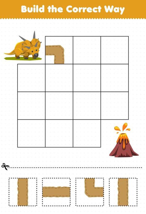 Education game for children build the correct way help cute prehistoric dinosaur xenoceratops move to volcano Prehistoric Preschool Activities, Volcano Worksheet, Dinosaur Volcano, Volcano Activities, Prehistoric Dinosaurs, Game For Children, Dinosaur Activities, Vector Portrait, Activity Pack