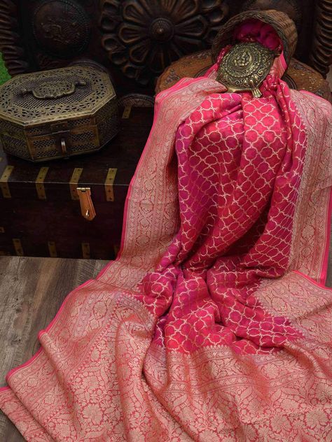 Red-Pink Half-Half Floral Zari Jaal Pure Khaddi Georgette Banarasi Saree | Sacred Weaves Pink Saree Silk, Ethnic Saree, Pure Chiffon Sarees, Indian Sari Dress, Indian Bride Outfits, Cotton Saree Designs, Silk Saree Banarasi, Wedding Saree Collection, Sari Blouse Designs