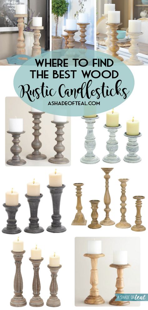 Living Room Buffet, Farmhouse Candlesticks, Diy Candle Sticks, Diy Candle Holders, Wooden Candle Sticks, Wood Candle Sticks, Wood Rustic, Shades Of Teal, Candle Holder Decor