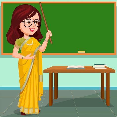 Vector indian teacher talking with stude... | Premium Vector #Freepik #vector #teacher-cartoon #cute-girl #school-teacher #girl-cartoon Teachers Cartoon Pic, Animated Teacher Picture, Student And Teacher Cartoon, Teachers Cartoon Images, Cute Teacher Drawing, Teacher Images Teaching, Teacher Pictures Cartoon, Teacher Teaching Drawing, Teacher Drawing Illustration