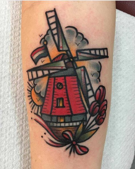 Traditional style windmill tattoo by Jeroen Van Dijk School Design Ideas, Windmill Tattoo, Belfast Tattoo, Dutch Tattoo, Old School Design, Amsterdam Tattoo, Traditional Tattoo Inspiration, Serpent Tattoo, Tattoo Old School