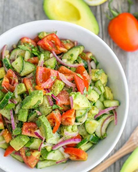 Avocado Tomato Cucumber Salad, Avocado Cucumber Salad, Cucumber Salad Dressing, Natashas Kitchen, Cucumber And Tomato Salad, Cucumber Tomato Avocado Salad, Tomato Cucumber Salad, Cucumber And Tomato, Cucumber Avocado Salad