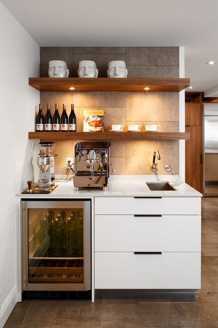 Modern White Kitchen by Astro Design. Ottawa - Contemporary - Kitchen - Ottawa - by Astro Design Centre | Houzz IE Elegant Coffee Bar Ideas, Elegant Coffee Bar, Kitchen Beverage Center, Living Remodel, Modern White Kitchen Design, Modern White Kitchen, Buffet Bar, Coffee Bar Ideas, Kitchen Design With Island