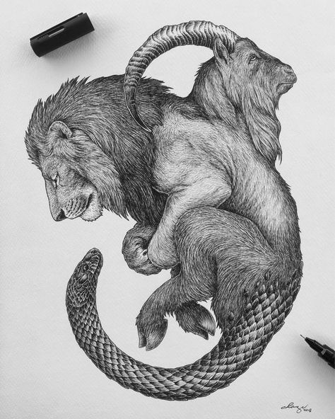 In Greek mythology, the chimera is known to be a ferocious beast that breathe fire but in this piece, I tried to draw it as if it was a calm and gentle creature. What do you guys think?...#art #artph #visualart #illustration #instaart #artdaily #dailyart #artistsofinstagram #draw #drawing #blackandwhite #design #doodle #sketch #sketch_daily #blackworknow #drawing_expression #love_arts_help #artsbynights #duende_arts_help #animalartistry #animaldrawing #tattoodesign #ink #penandink #mythology #gr Greek Mythology Animals, Chimera Tattoo, Chimera Mythology, Greek Animals, Greek Monsters, Mythical Monsters, Mythology Tattoos, Creature Drawings, Drawing Expressions