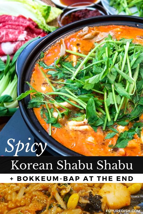 Here's how to setup a Spicy Korean Shabu Shabu! We breakdown the spicy broth, dips, veggies and of course, that bokkeumbap (mixed rice) at the end. Bring your favorite beer and let's hot-pot together! Korean Hot Pot Broth Recipe, Spicy Hot Pot Broth Recipe, Korean Hot Pot, Shabu Shabu Recipe, Hot Pot Recipe, Shabu Shabu, Korean Side Dishes, Spicy Korean, Korean Cooking