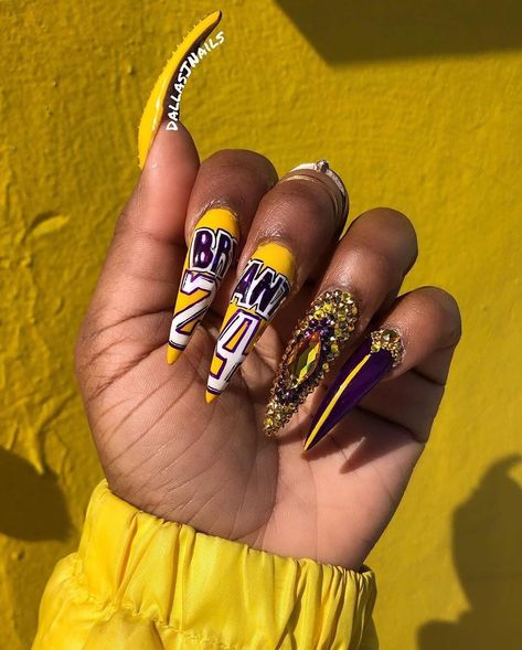 RIP Kobe Bean 💜💛pinterest: @Bvbyjay_✨ Kobe Gigi, Martini Nails, Rip Kobe, Kobe & Gigi, Finger Art, Almond Shape Nails, Creative Nail Designs, Burgundy Nails, Gone Too Soon