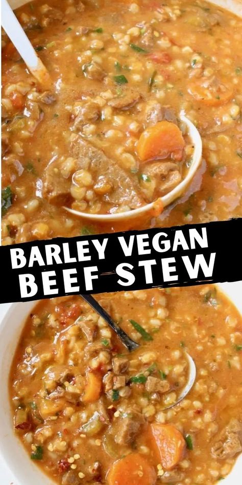 Hearty vegan beef stew with barley, tomatoes, veggies and beefy TVP or soy curls. Enjoy all the classic flavors of your favorite stew without any of the fat and cholesterol, an oil free plant based recipe loaded with protein, flavor and healthy carbs. No beef! Vegetarian Beef Stew, Stew With Barley, Vegan Beef Stew, Tvp Recipes, Plant Based Recipe, Plant Based Soups, Vegan Beef, Beef Barley, Vegan Stew