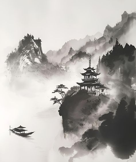 Dive into the tranquil beauty of this ink wash landscape. Unwind with the vision of misty mountains, a timeless pagoda, and whispered pines. Perfect for serene decor. Save & follow for more art inspiration! ✨ #ZenArt #InkWash #LandscapeLove #ArtPrints #HomeDecorIdeas #ImagePrompt #AiImage Inkwash Paintings, Ink Art Landscape, Serene Decor, Alevel Art, Crayons Pastel, China Ink, Fish Artwork, Ink Wash Painting, Chinese Landscape Painting