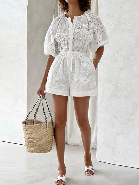 Nellie Hollow Out Playsuit | Fashion Pov Honeymoon Wear, Playsuits Outfit, Cotton Dresses Summer, White Playsuit, Honeymoon Outfits, Summer Playsuit, Resort Fashion, Designer Style, Fashion Shoot