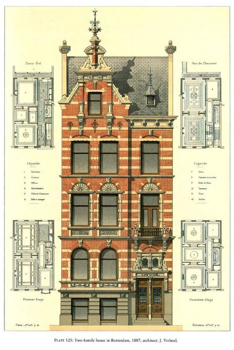 Design for a Two-family House, Rotterdam Plans Architecture, Vintage House Plans, Architecture Drawing Art, Victorian Architecture, Classic Architecture, Architectural Drawing, Classical Architecture, Brick Building, Gothic Architecture