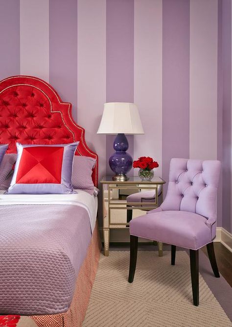 Beautifully designed purple and red contemporary girl's bedroom is fitted with a mirrored nightstand topped with a purple double gourd lamp illuminating a striped wall painted in Sherwin Williams Enchant. Lavender Room Decor, Lavender Bedroom Decor, Purple Bedroom Design, Purple Girls Bedroom, Lavender Bedroom, Lavender Room, Bedroom Contemporary, Purple Girl, Purple Bedrooms