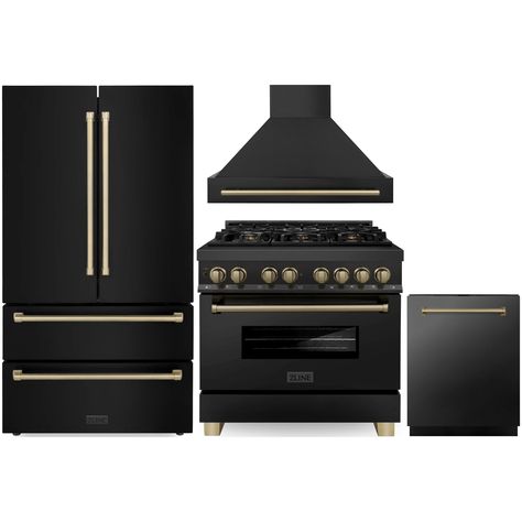 ZLINE Autograph Edition 4-Piece Appliance Package - 36" Dual Fuel Range, 36" Refrigerator, Wall Mounted Range Hood, & 24" Tall Tub Dishwasher in Black Stainless Steel with Champagne Bronze Trim (4AKPR-RABRHDWV36-CB) Home Outlet Direct presents the ultimate expression of luxury, ZLINE's Autograph Edition Appliance P Dishwasher Dimensions, Zline Autograph Edition, Refrigerator Dimensions, Refrigerator Wall, Fridge Shelves, Kitchen Appliance Packages, Dual Fuel Ranges, Wall Mount Range Hood, Appliance Packages