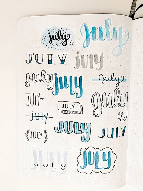 July Handlettering, Bullet Journal Cursive, Month Fonts, July Aesthetic Month, Months Calligraphy, July Calligraphy, July Lettering, Bullet Journal Headings, July Month