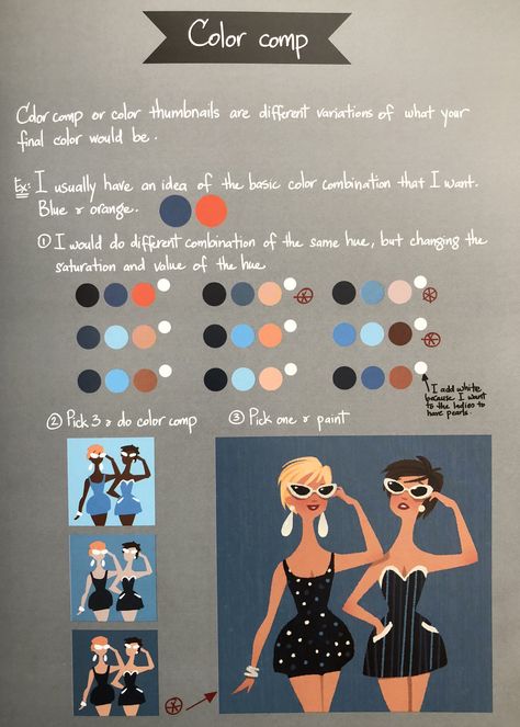 Color comp. 100 Tuesday Tips By Griz and Norm  Instead of just jumping right into color comp, really think of what colors you want first and do the exercise of changing values/saturation. Colour Theory Character Design, Digital Art Values Tutorial, Tuesday Tips Griz And Norm, How To Understand Color Theory, Colour Theory Digital Art, Color Theory Infographic, Griz And Norm, Character Design Tips, Tuesday Tips