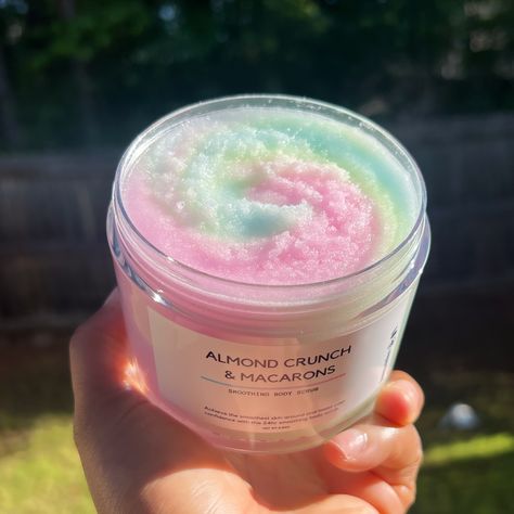 A delicate gourmand scented all over body scrub🎀🧘‍♀️ made with kind skin ingredients that helps to exfoliate the skin effectively. Almond crunch and macarons🤍 • #bodyscrub #sugarscrub #bodyoil #bodybutter #bodybutters #cream #lotion #vegan #crueltyfree #love #beauty #pretty #softgirl Whipped Soap Diy, Body Butter Packaging, Butter Packaging, Chrismas Wishes, Truly Beauty, Skincare Ideas, Almond Crunch, Diy Body Scrub, Skin Ingredients