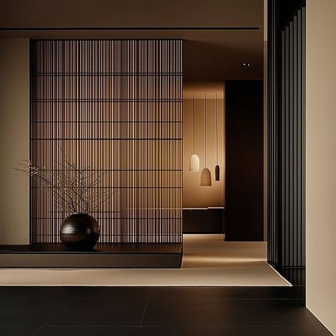 “Japandi style isn’t just seen, it’s felt; it promotes an interior calm as much as it does interior beauty.” A sophisticated blend of minimalism and modern Japandi style. The spaces utilise a muted palette dominated by black, beige, and wooden tones, creating a serene yet elegant atmosphere. The use of clean lines and uncluttered surfaces emphasise simplicity and refinement. Wood panels and black matte surfaces add texture and depth to the rooms, while the strategic lighting highlights the s... Japanese Wall Panel, Black Japandi, Modern Asian Interior Design, Dark Japandi, Japanese Style Interior Design, Japanese Style Interior, Modern Japandi, Modern Japanese Interior, Asian Interior Design