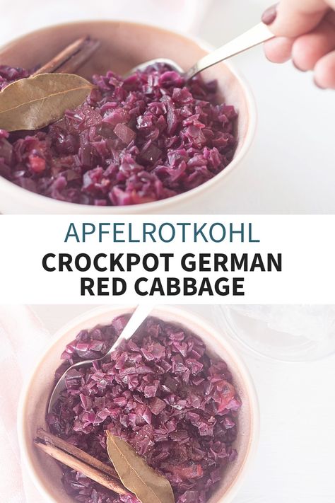 Two pictures above eachother with a pink bowl filled with red cabbage. A text in the middle: apfelrotkohl crockpot German red cabbage Red Cabbage And Apples, Sweet And Sour Red Cabbage, Cabbage With Apples, Cabbage And Apples, German Red Cabbage, Red Cabbage With Apples, Side Dishes Recipes, Sweet And Sour Sauce, Red Cabbage