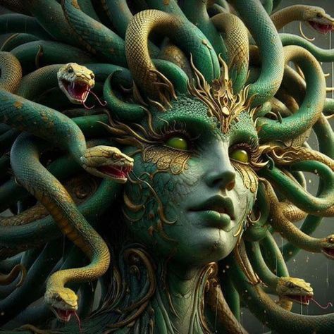 “Unleashing the captivating green gaze of Medusa, where ancient meets digital magic. Dive into her emerald eyes and discover the secrets they hold.”💚🐍🧿 #aiart #digitalart #greenmedusa #mythologyreimagined #creativeai #fantasyart #modernmyth #digitalcreatives #innovativeart #chatgpt4 #dalle3 #openai Medusa Digital Art, Medusa Masks, Snake Makeup, Phoenix Tattoo Feminine, Modern Myth, Medusa Art, Emerald Eyes, Medusa Tattoo, Snake Art