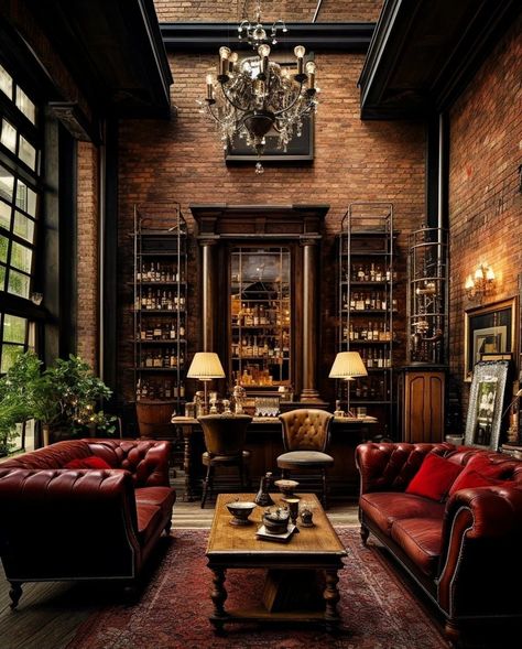 Converted Factory, Academia Interior, Gentlemans Room, Zigarren Lounges, Dark Academia Interior, Library Rooms, Dark Academia Home, Speakeasy Decor, Whiskey Lounge