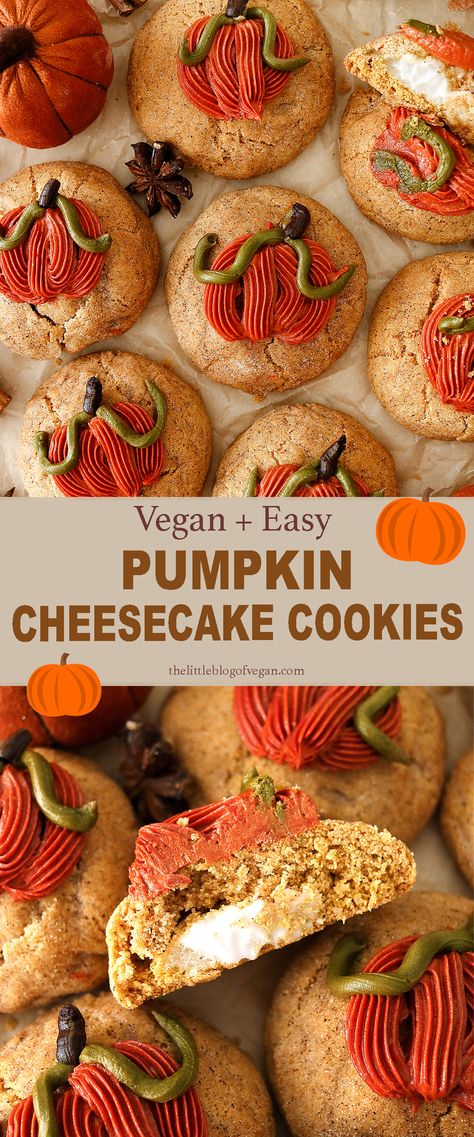 Stuffed Pumpkin Cookies, Cookies With Cream Cheese Filling, Pumpkin Cookies With Cream Cheese, Vegan Pumpkin Cheesecake, Pumpkin Cheesecake Cookies, Bloom Bakery, Vegan Pumpkin Cookies, Cookies With Cream Cheese, Pumpkin Sheet Cake