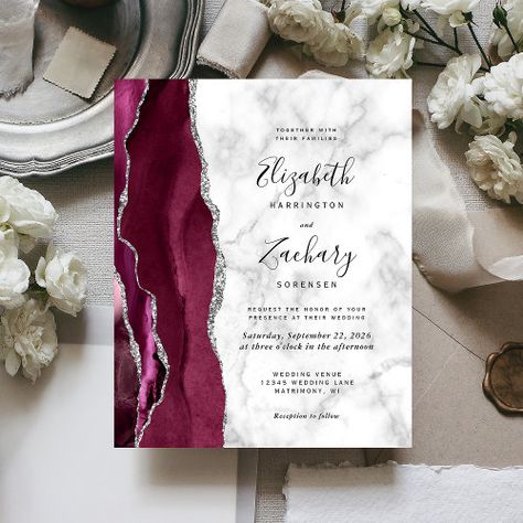 $1.28 | Budget Burgundy Agate Marble Wedding Invitation #elegant, trendy, modern, chic, burgundy silver, agate geode, marble, silver glitter, watercolor, budget Burgundy And Grey Wedding, Marble Wedding Invitation, Burgundy Decor, Burgundy Wedding Theme, Gray Wedding Colors, Glitter Watercolor, Marble Invitation Wedding, Silver Invitation, Silver Wedding Invitations