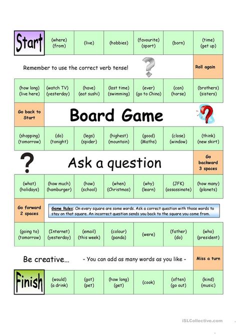 Board Game - Ask a Question (Medium) - English ESL Worksheets for distance learning and physical classrooms Question Template, Games In English, Esl Board Games, Esl Games, Ask A Question, English Games, Speaking Activities, English Activities, English Tips