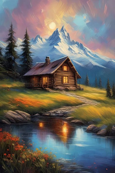 Amidst the grandeur of towering mountains, a charming wooden cabin finds its place. Far from the world's hustle, a small stream meanders by, adding its gentle melody to nature's symphony. Beyond, snowy peaks touch the sky, a reminder of untamed beauty. This digital artwork captures the essence of serenity, inviting you to escape to the cabin's embrace and bask in the majesty of the mountains. Beautiful Scenery Paintings, Beautiful Paintings Of Nature, Beautiful Landscape Paintings, Wooden Cabin, Touch The Sky, Cabin In The Mountains, Mountain Landscape Painting, Cabin Art, Scenery Paintings