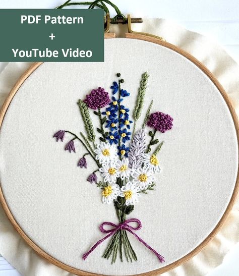 Embroidery Vase Flowers, Flower Bouquet Embroidery Pattern, Bouquet Embroidery Pattern, Embroidery Wildflowers, Flower Bouquet Embroidery, Embroidery Bouquet, Meadow Bouquet, Summer Garden Flowers, Flowers Hand Embroidery