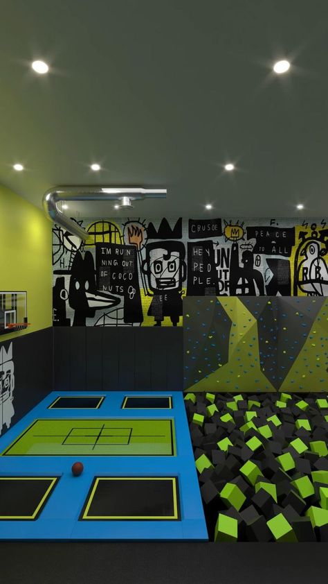 Indoor Playground Design Architecture, Trampoline House, Indoor Playground Design, Trampoline Room, Small Game Rooms, Kids Indoor Playground, Indoor Trampoline, House Games, Man Cave Home Bar