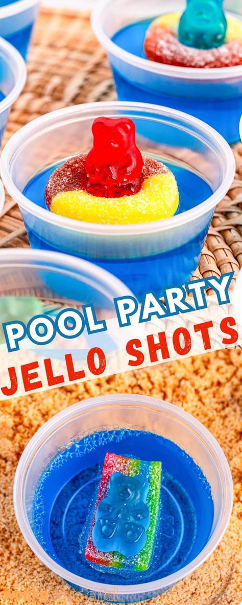 These POOL PARTY JELLO SHOTS are so much fun for your summertime parties. Blue Jello shots decorated with candy to look like gummy bears on pool floats. Pool Party Jello Shots, Party Jello Shots, Blue Jello Shots, Jello Flavors, Jelly Shots, Blue Jello, Best Summer Cocktails, Jello Shot Recipes, Summer Drink Recipes