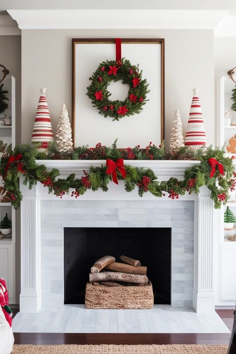 28 Christmas Mantle Decor Ideas » HomeQly.com Mantel Wreaths Fireplaces, Poinsettas Around Fireplace, Christmas Tv Mantle Decor, Floating Mantle Christmas Decor, Fun Christmas Mantle Ideas, Christmas Stocking Mantle Ideas, Christmas Wreath Over Fireplace, Classic Christmas Mantle Decor, Christmas Fireplace Mantels With Tv