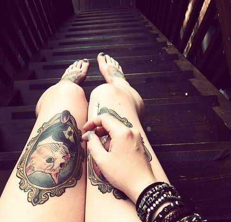 http://tattoomagz.com/cool-dogs-tattoos/wonderful-dog-tattoo-on-the-leg/ Cat Portrait Tattoo, Cameo Tattoo, Tattoo On Thigh, Framed Tattoo, Sweet Tattoos, Cat Tattoo Designs, Tattoo Designs For Girls, Cat Portrait, Trendy Tattoos