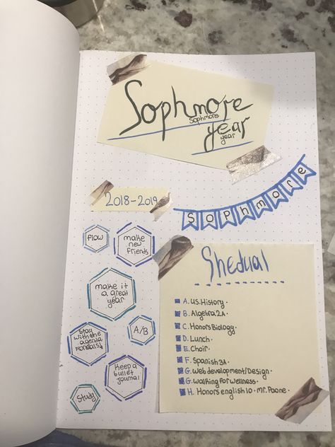 This is the starting page to my bullet journal for my sophmore year in highschool. I plan to keep this seperate from my personal bullet journal. This journal will have things such as my agenda, list of school vacations, small notes on long projects, probably some small dootles, and important notes. I themed the journal blue and brown. Any nonagenda related topics in this journal will be themed that way as well. As for the agenda, I plan to theme every month with a new color scheme. thanks😊😊😊 Sophmore Year Bucketlist, Highschool Journal Ideas, Scrapbook Journal Highschool, Freshman Year Memory Book, High School Journal Ideas, College Journal Ideas, Sophomore Year Scrapbook, Back To School Journal Ideas, Highschool Journal