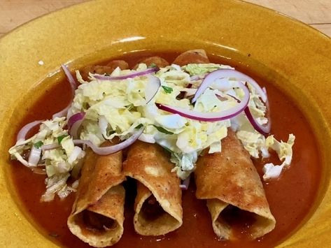 Mexican Drowned Tacos, Rick Bayless Recipes, Crispy Taquitos, Rolled Tacos, Summer Tacos, Coco Puffs, Rick Bayless, Crispy Beef, Slow Cooked Pork