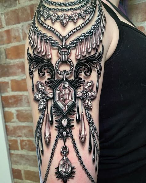 Jewelry Tattoo Designs, Ryan Ashley, Gem Tattoo, Jewel Tattoo, Special Tattoos, Tatuaje A Color, Lace Tattoo, Shoulder Tattoos For Women, Jewelry Tattoo