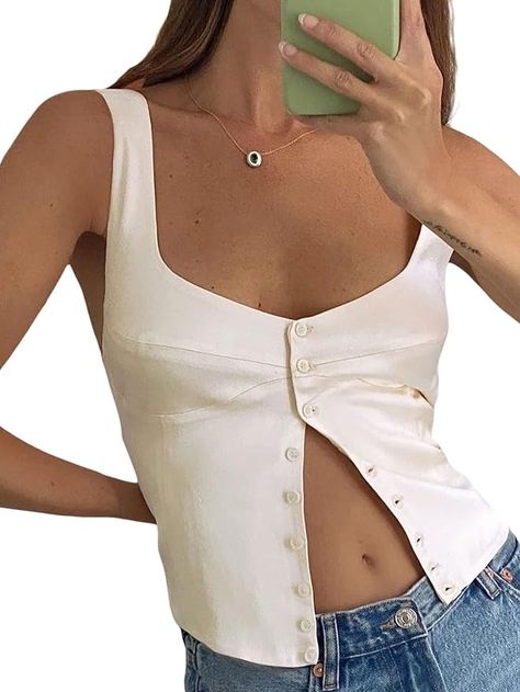 SOFIA'S CHOICE Corset Tops for Women Square Neck Button Front Satin Going Out Top White Large at Amazon Women’s Clothing store Square Neck Button Top, Square Neck Corset Top, Neck Corset, Corset Tops, Crop Tank Top, Going Out Tops, Button Top, Summer Inspo, Cami Tanks