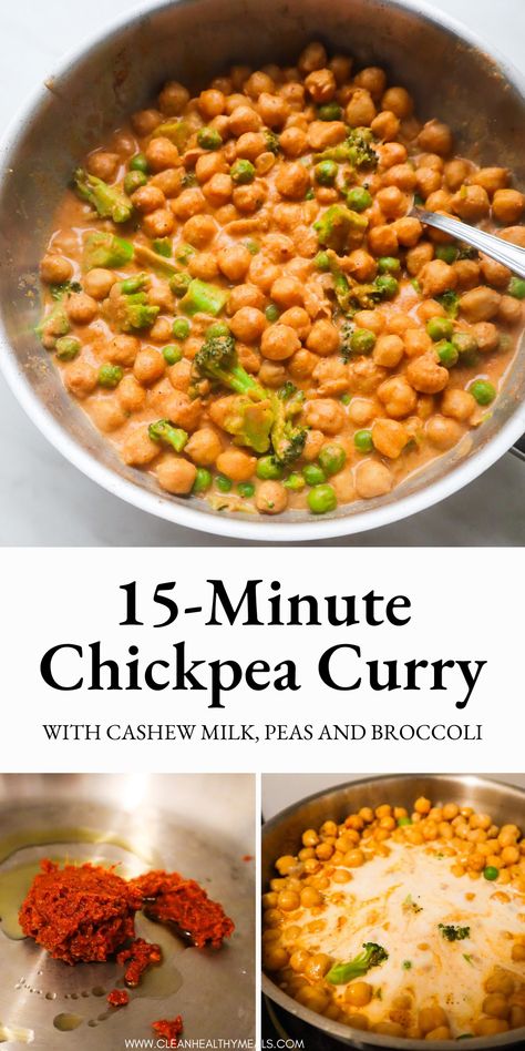 Easy chickpea curry, my current favorite dinner recipe! Make it with canned garbanzo beans, red curry paste and dairy-free milk in about 15 minutes. Vegetarian Chickpea Curry, Curry Chickpeas, Curried Chickpeas, Easy Chickpea Curry, Garbanzo Bean Recipes, Vegan Chickpea Curry, Chickpea Curry Recipe, Chickpea Coconut Curry, Curry Ingredients