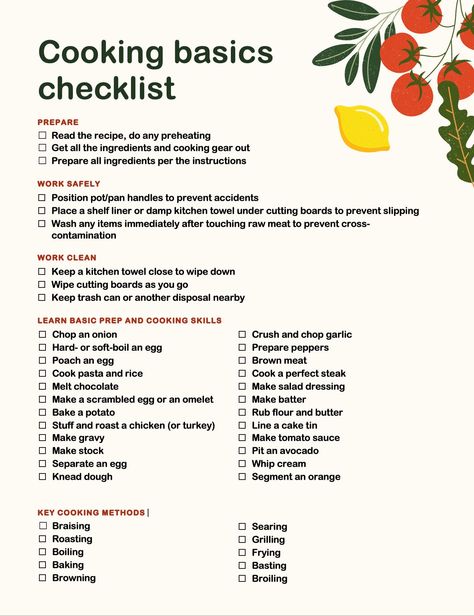 This cooking basics checklist template will help you prepare in the kitchen, choose healthier foods, and save money on take-out. Will teach you new cooking tips and techniques to help make you the master of the kitchen. Cooking Skills To Master, Basics Of Cooking, New Kitchen Checklist, Cooking Methods Chart, Culinary School Recipes, Cooking Template, Cooking Lesson Plans, Kitchen Essentials Checklist, Basic Cooking Skills