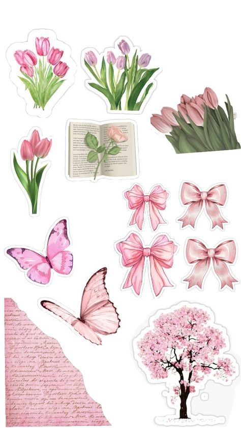 Aesthetic Scrapbook Stickers Printable, Scrapbook Cutouts Free Printable, Aesthetic Sticker Pack Printable, Pink Coquette Stickers, Scrapbook Stickers Printable Pink, Sticker Printable Aesthetic, Flowers For Collage, Pink Scrapbook Aesthetic, Pink Stickers Printable