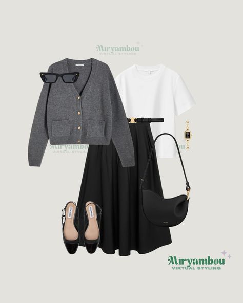 Very simple and classy outfit for the fall days 🍂☁️ . . . . #ootd #fyp #foryou #instagood #instagram #style #fall #fallfashion Clean Woman Outfit, Long Skirt Outfits With Sweater, Simple Women Outfits, Dark Grey Cardigan Outfit, Grey Skirt Outfits, Church Fall Outfits, Grey Outfits For Women, Dark Grey Outfit, Cardigan Skirt Outfit